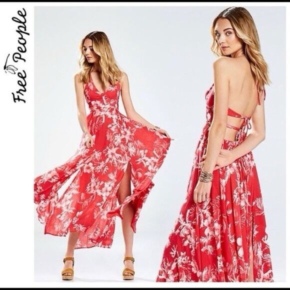 Free People Lille Halter Maxi Dress Raspberry Red Floral Cutout Sz S Cotton - Picture 1 of 15